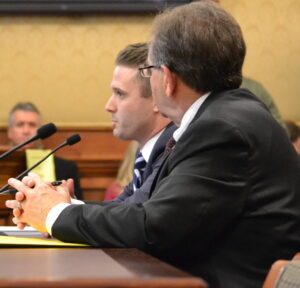 Brad Green, director of legislative and regulatory affairs for the Missouri Chamber, sits beside Sen. Libla and testifies in favor the SB 623.