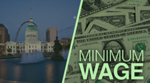 Minimum wage graphic with money and building collage.