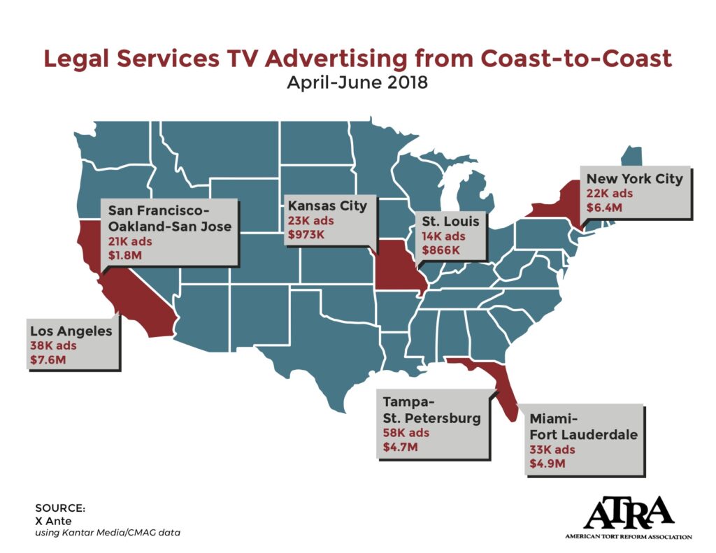 Map of legal services TV advertising from coast to coast.