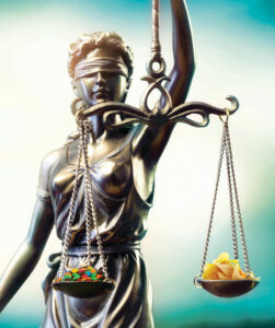 Statue of Lady Justice holding candy and potato chips in her scale.