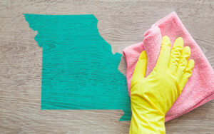 Graphic of yellow glove and pink textile cleaning table with map design.