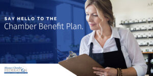 Chamber Benefit Plan graphic with working woman,