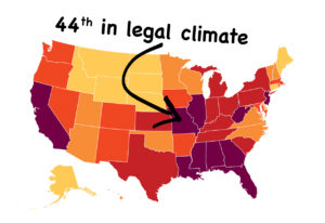 US map graphic showing the legal climate.
