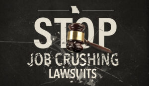 Shattered glass graphic with "Stop job crushing lawsuits" text.