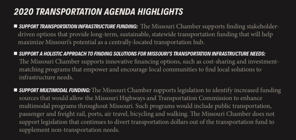 2020 transportation agenda highlights graphic with text.