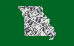 Missouri map with cash texture graphic.