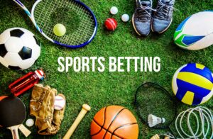 Sports betting graphic with sports gear.