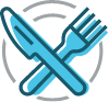 Blue fork and knife on dinner plate icon.