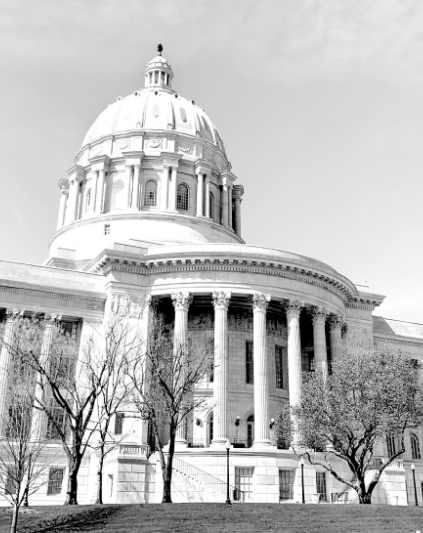 Missouri Capitol building in black & white.