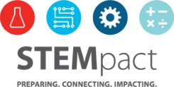 STEMpact with text underneath stating "Preparing. Connecting. Impacting." with four circle icons on top of the logo.