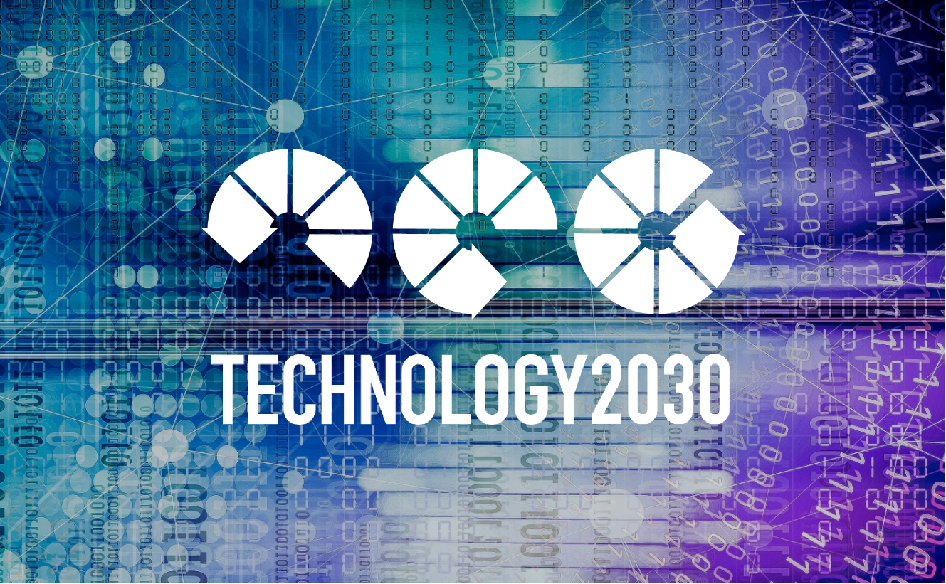 Technology2030 logo with binary background.