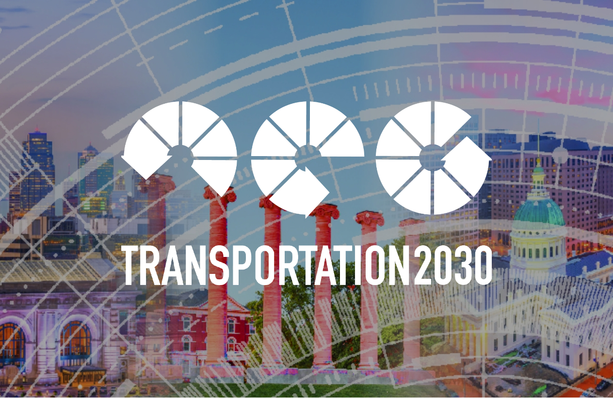 Transportation2030 logo with colorful collage background.