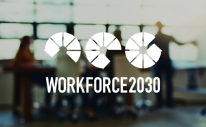 Workforce2030 logo with blurry background.