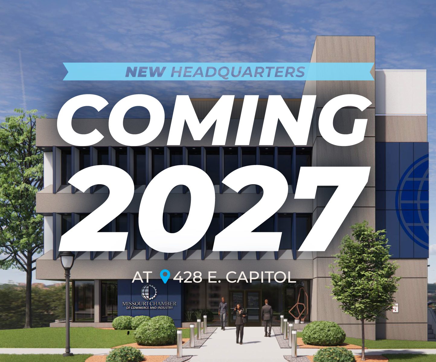 Rendering of new exterior of Missouri Chamber headquarters with text overlay 